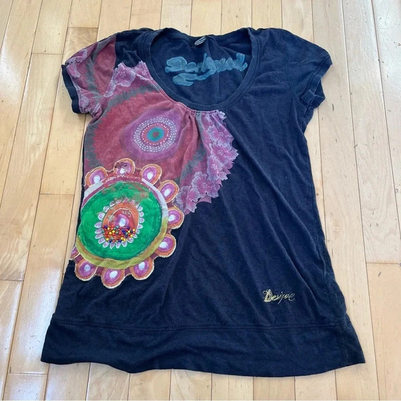 Desigual Womens Beaded Short Sleeve Top Size S Multicolored Boho Indie Y2K - Picture 1 of 10